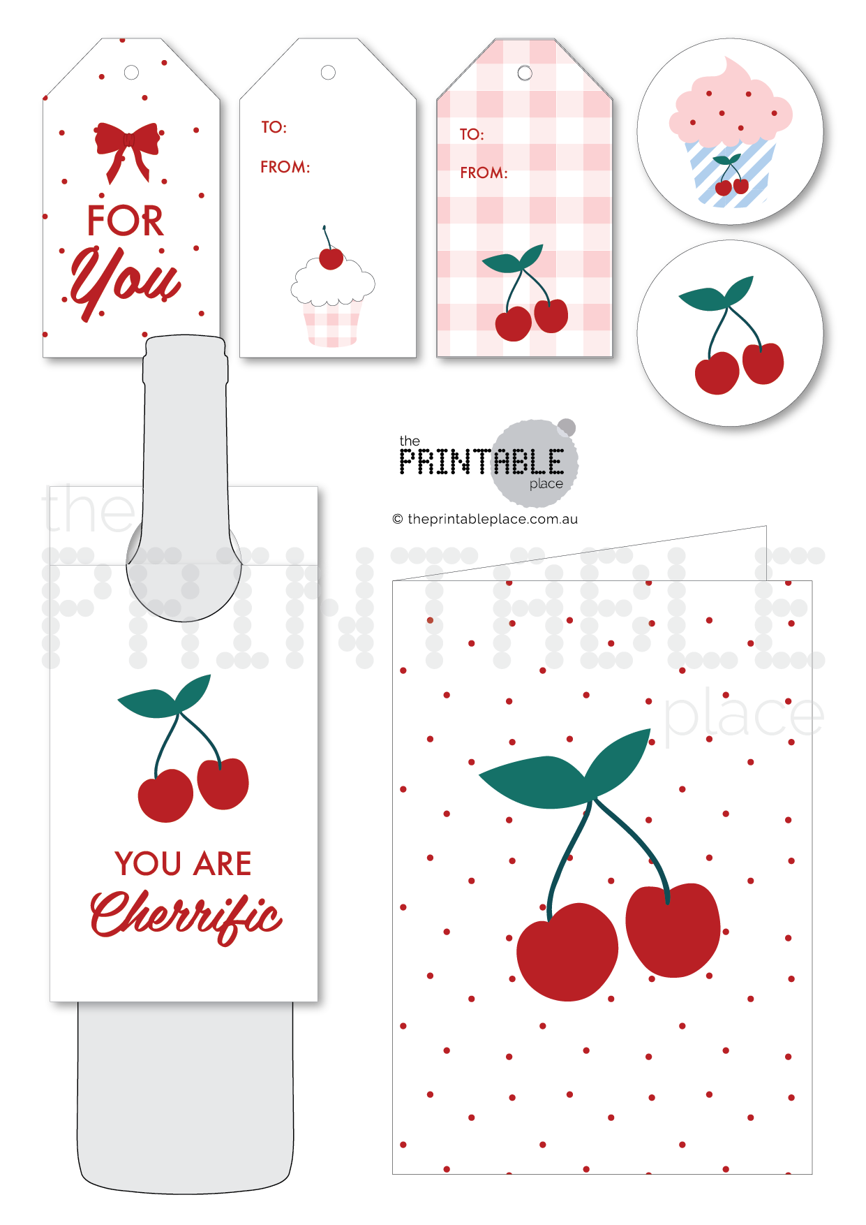 Printable greeting card and gift tags in a cherry theme - laid out on an A4 page.