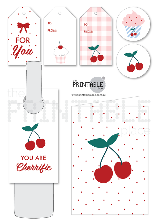 Printable greeting card and gift tags in a cherry theme - laid out on an A4 page.