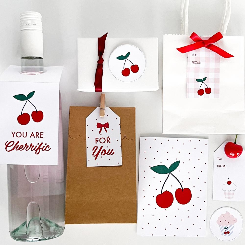 Cherry themed gift cards and wine labels by The Printable Place