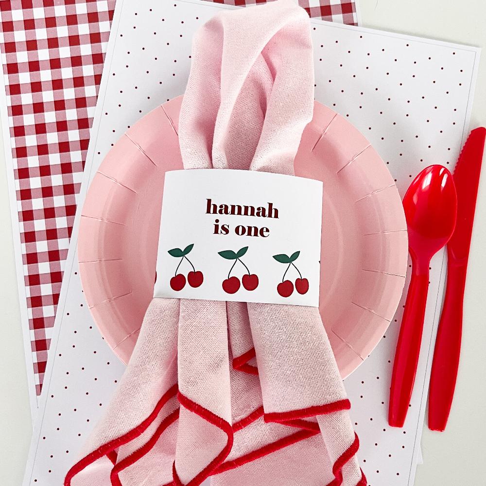 Printable cherry themed napkin and cutlery wraps for a party 