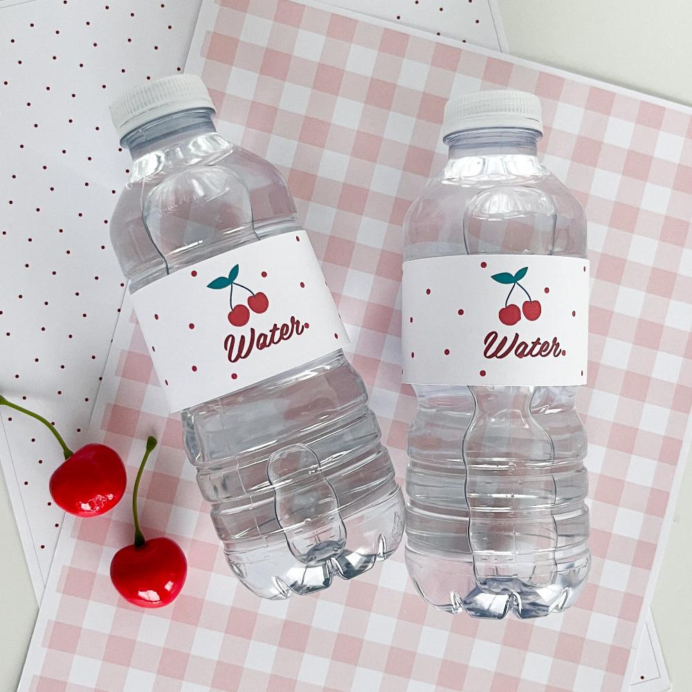 Cherry Themed water bottle labels for a party by The Printable Place