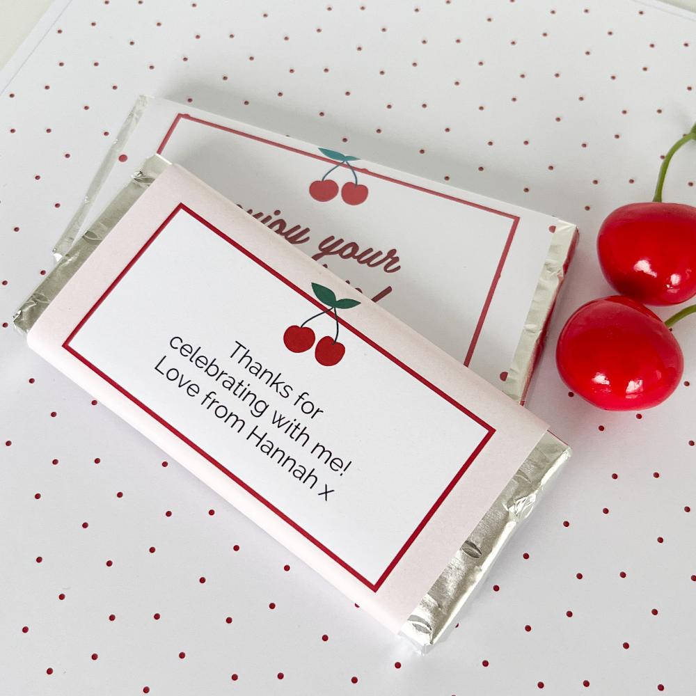 Cherry Party customised chocolate bar wraps by The Printable Place