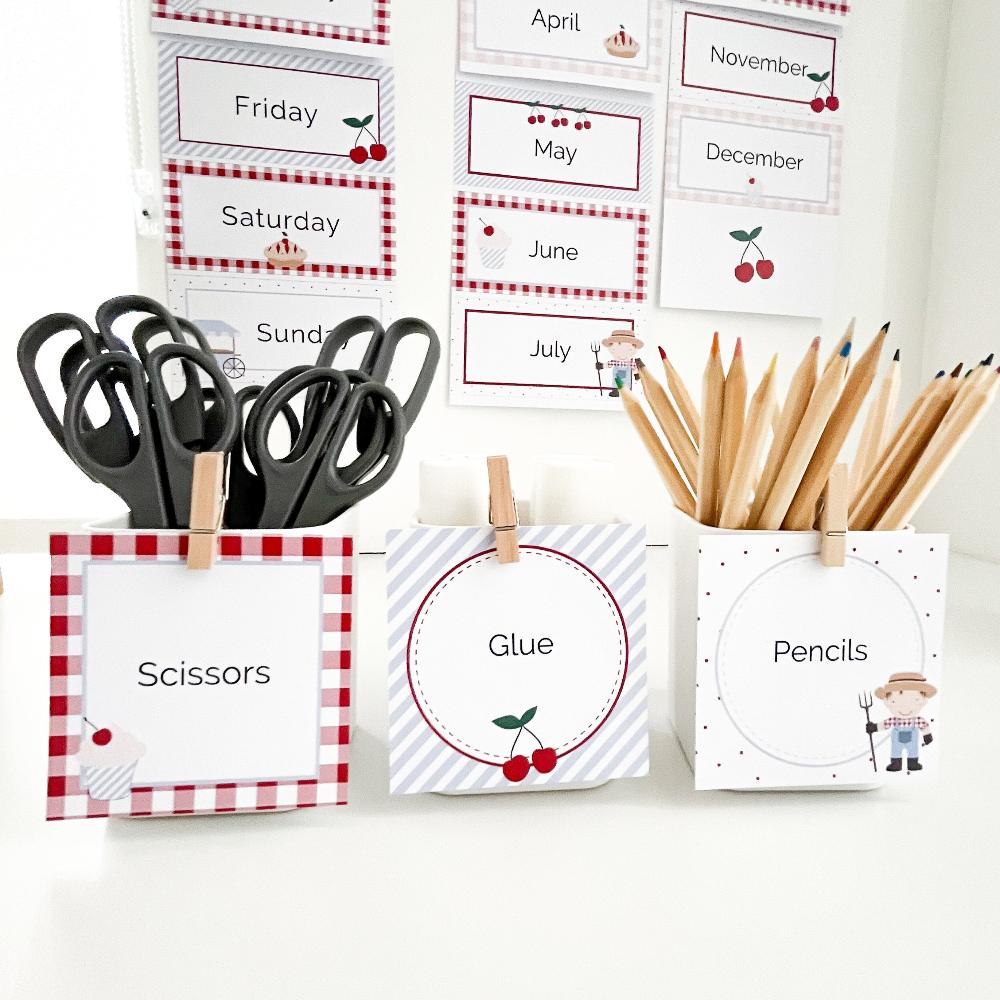 Cherry Themed printable labels used in classroom