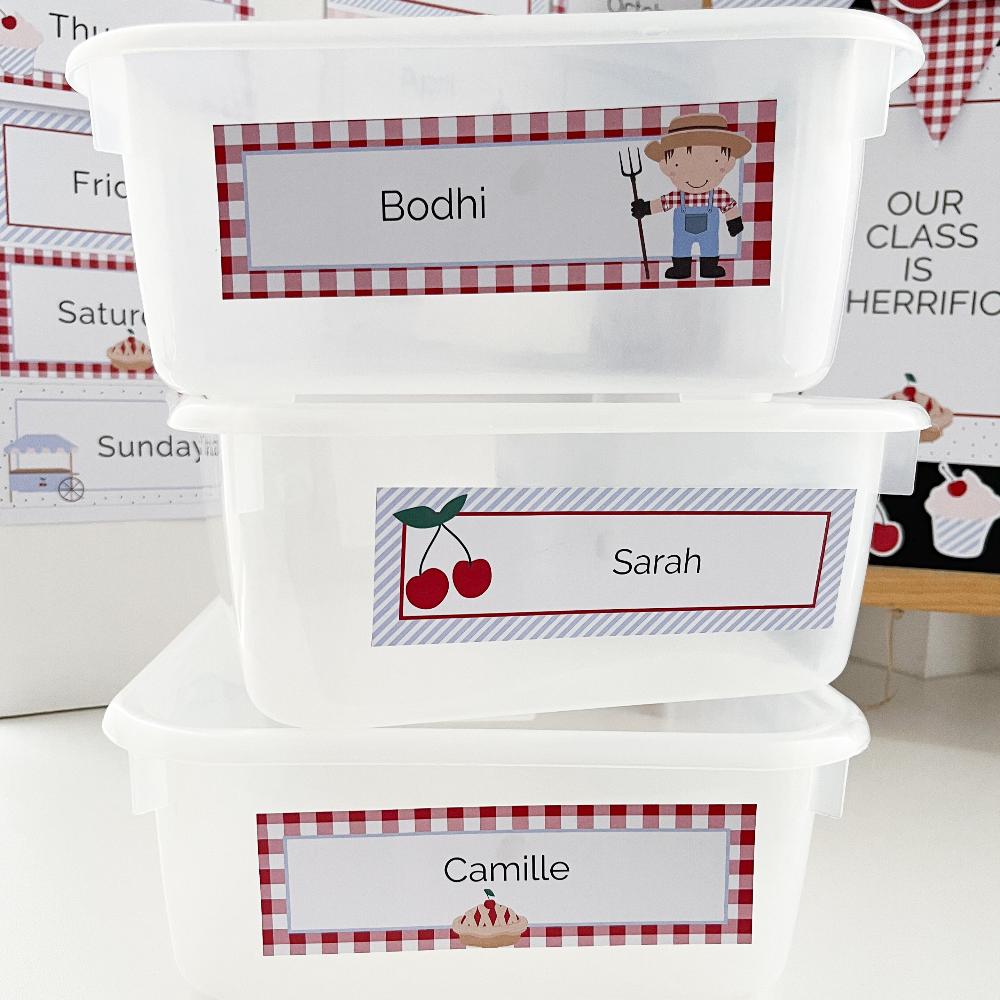 Name plate printables for classroom tubs or lockers. They are in a cherry theme.