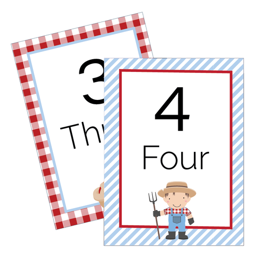 Printable Number charts for classroom decoration in a farmer theme.