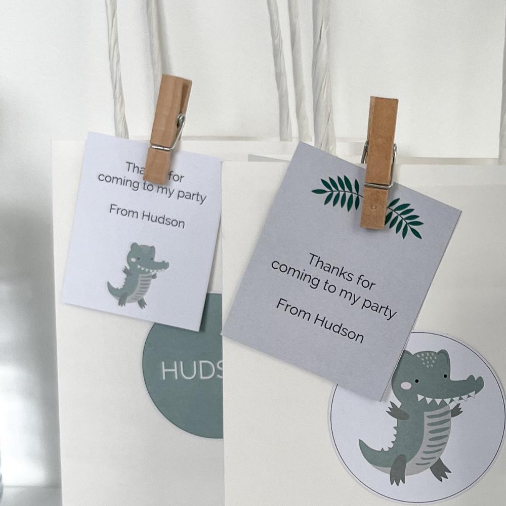 Crocodile themed gift tags on party favours designed by The Printable Place