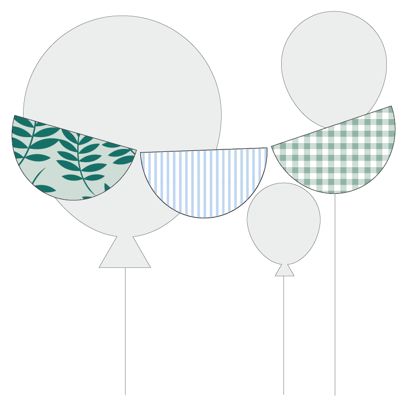 Mock up showing scalloped bunting flags in blue and green.