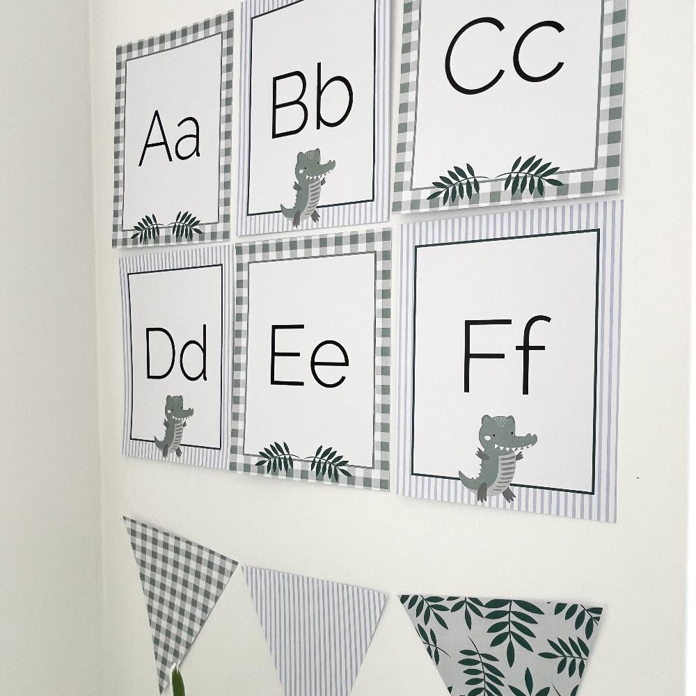 Printable Alphabet Cards in a Crocodile classroom theme