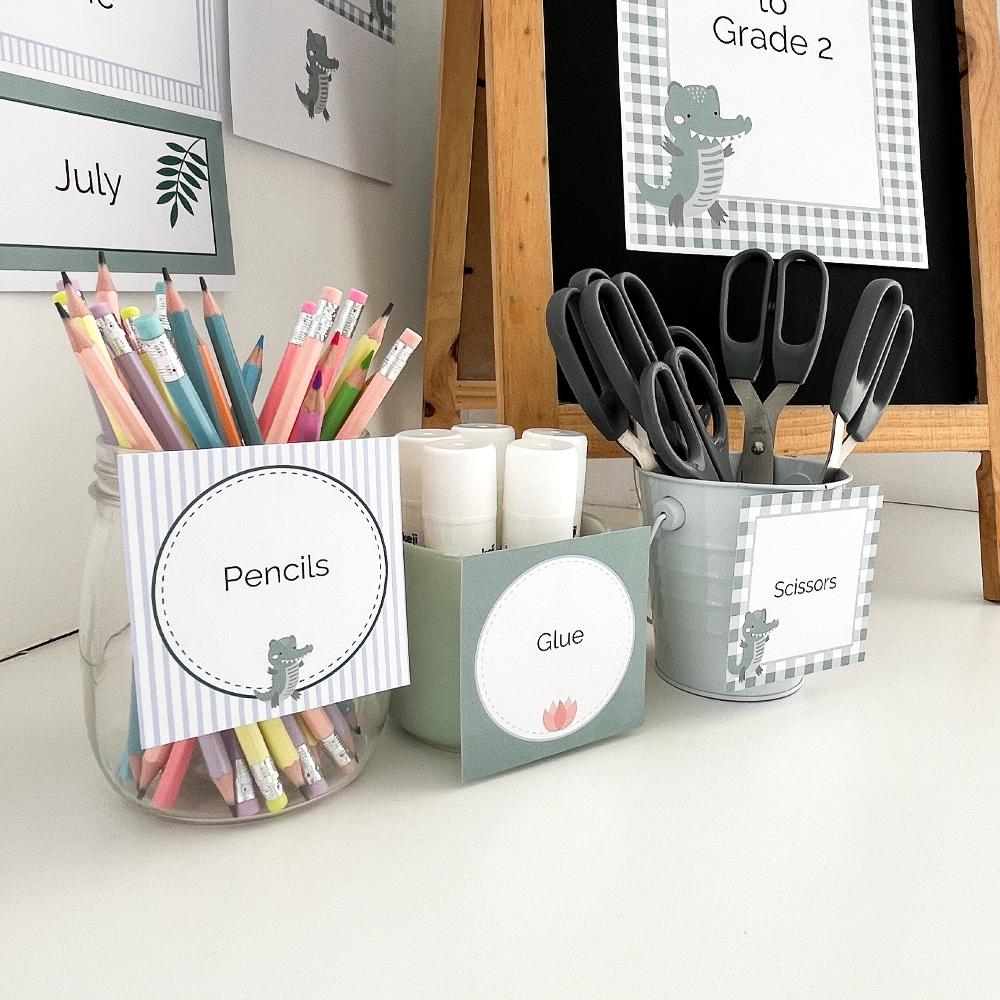 Square printable classroom labels in a crocodile theme