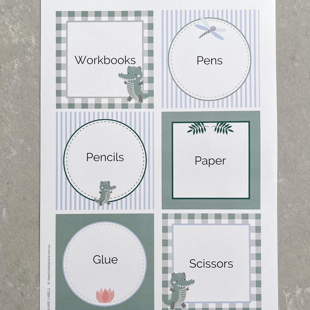 Crocodile themed square labels by The Printable Place.