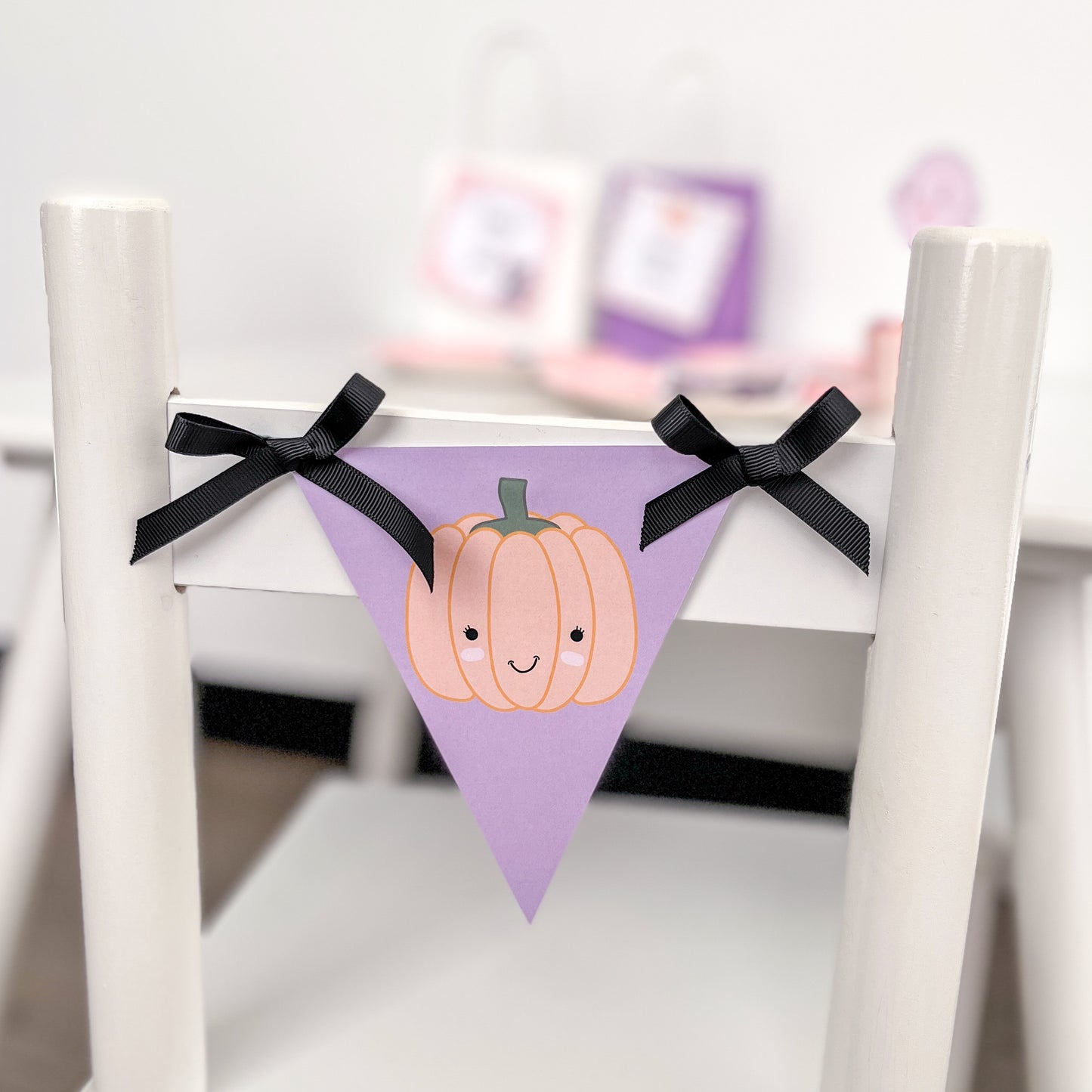 Bunting flag used as decoration on a chair for Halloween