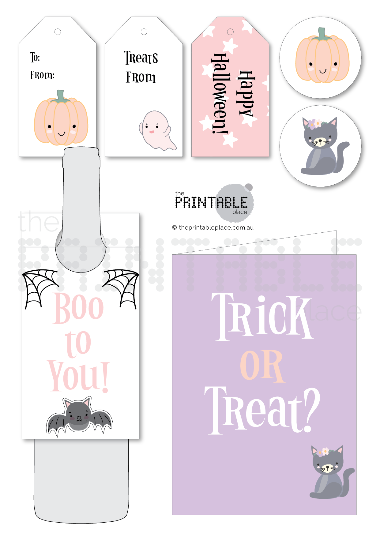 Gift tags and cards shown in pastel colours for Halloween