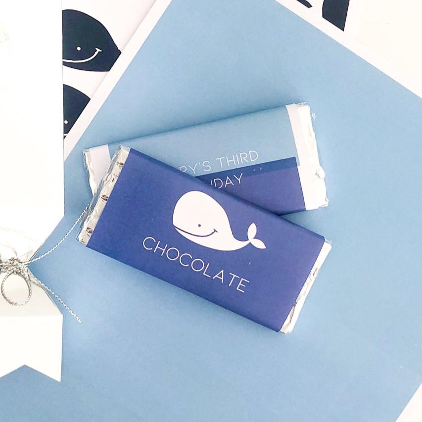 Chocolate Bars for a party with in a blue whale theme.