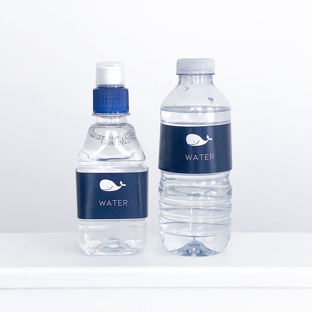 Blue whale Water Bottle Wraps on clear water bottles